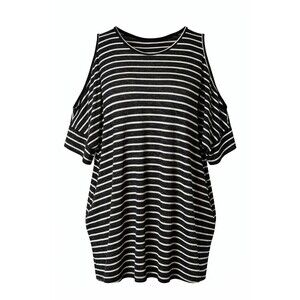 Umgee Striped Cold Shoulder Tunic Top Lace Back Black White Size L